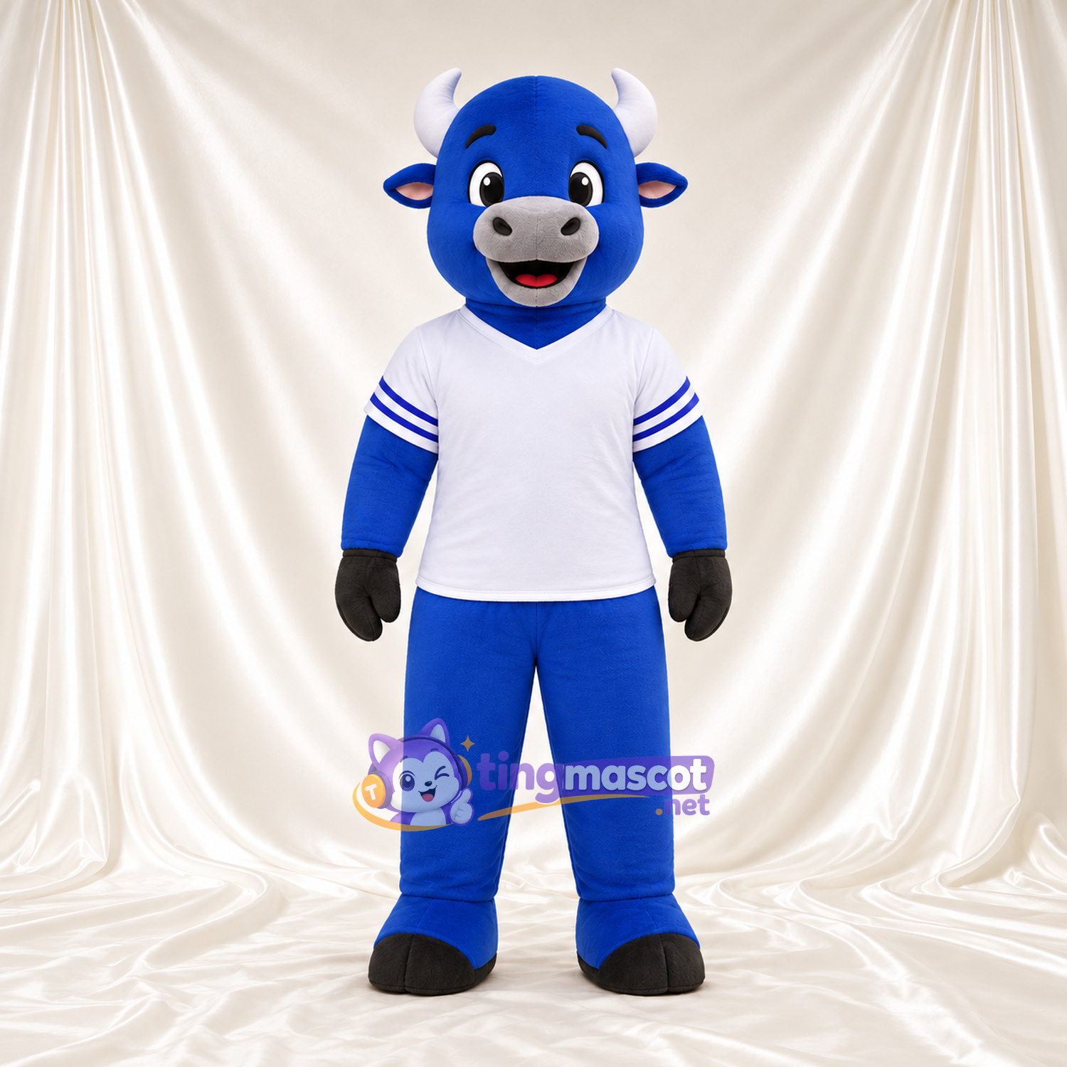 Costume de mascotte Bison – bleu – Museau (gris); Maillot (blanc) Costume de mascotte Bison – bleu – Museau (gris); Maillot (blanc)
