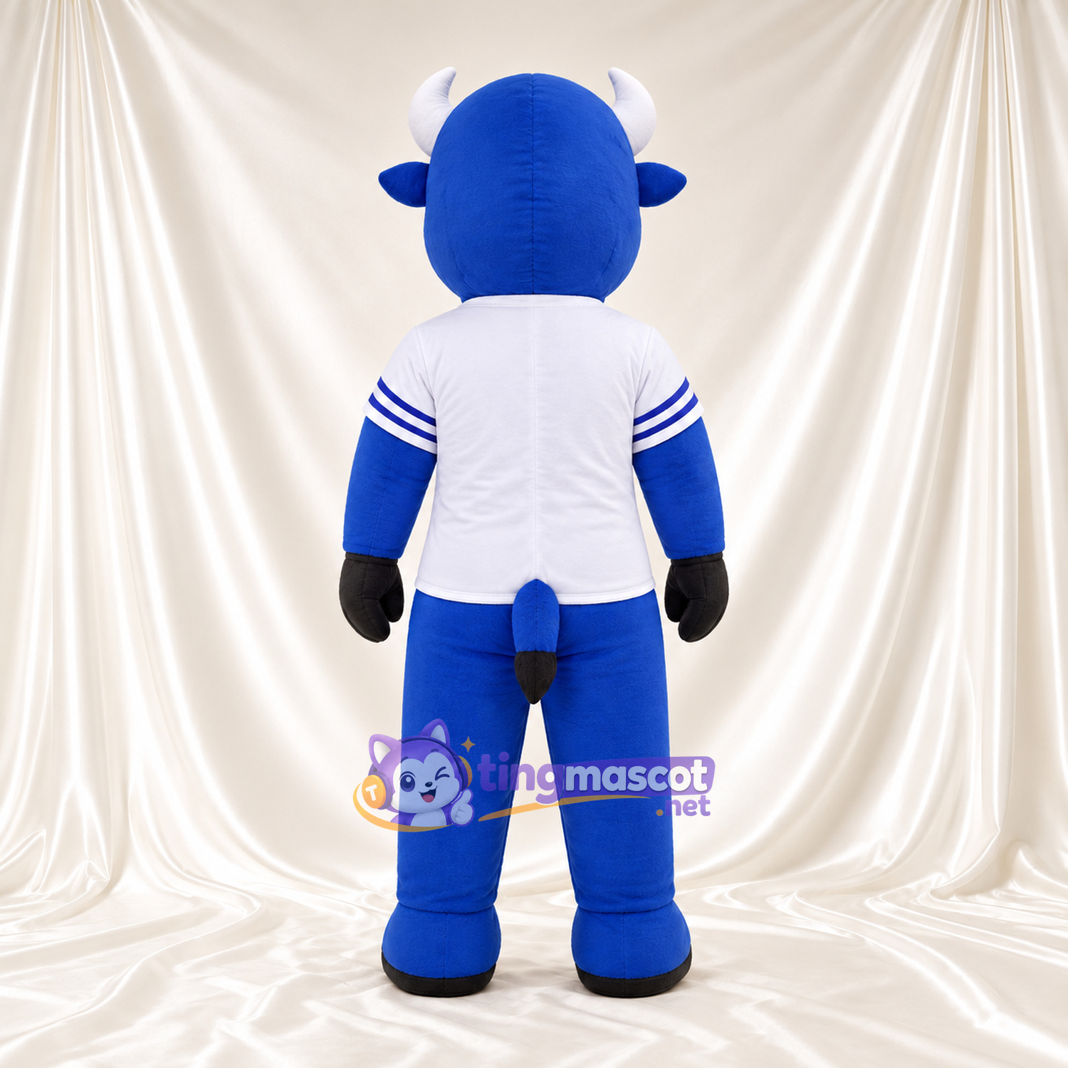 Costume de mascotte Bison – bleu – Museau (gris); Maillot (blanc) Costume de mascotte Bison – bleu – Museau (gris); Maillot (blanc)