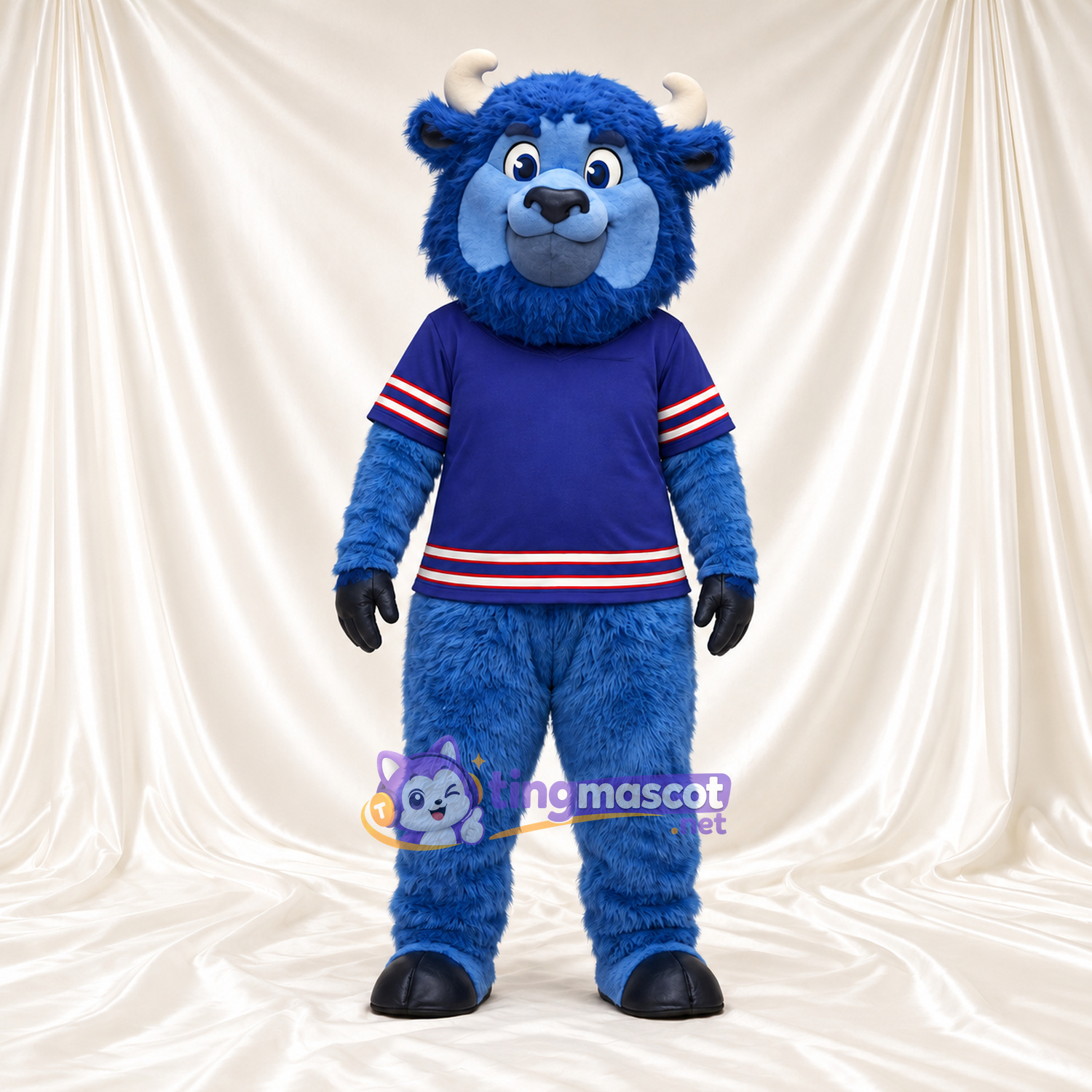 Costume de mascotte Bison – bleu – Cornes (blanc); Maillot (bleu) Costume de mascotte Bison – bleu – Cornes (blanc); Maillot (bleu)
