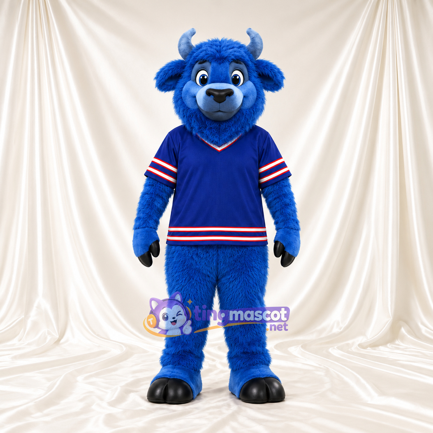 Maskottchenkostüm Bison – blau – Hörner (grau); Trikot (blau) Maskottchenkostüm Bison – blau – Hörner (grau); Trikot (blau)