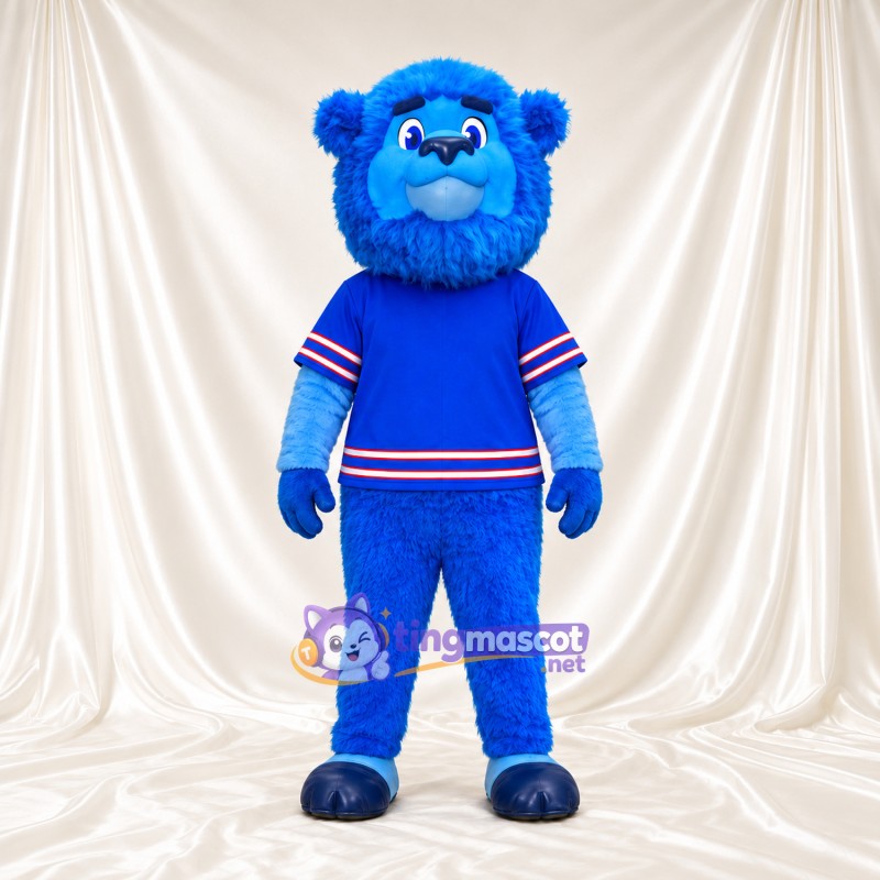 Blue Bison Mascot Costume - Blue Sports Uniform, Blue Nose and Round Head Blue Bison Mascot Costume - Blue Sports Uniform, Blue Nose and Round Head