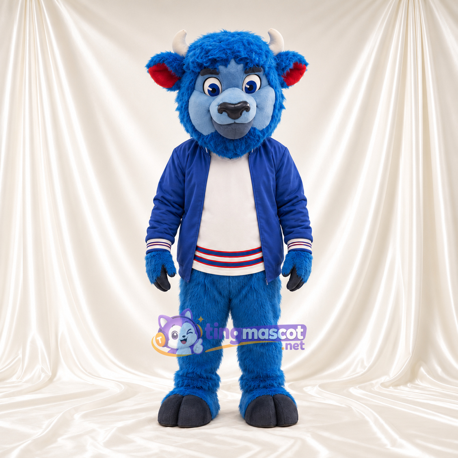 Blue Bison Mascot Costume - Blue Jacket and White Shirt and Red Ear Lining Blue Bison Mascot Costume - Blue Jacket and White Shirt and Red Ear Lining
