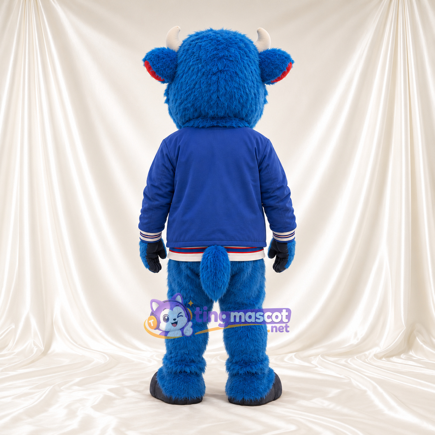 Blue Bison Mascot Costume - Blue Jacket and White Shirt and Red Ear Lining Blue Bison Mascot Costume - Blue Jacket and White Shirt and Red Ear Lining