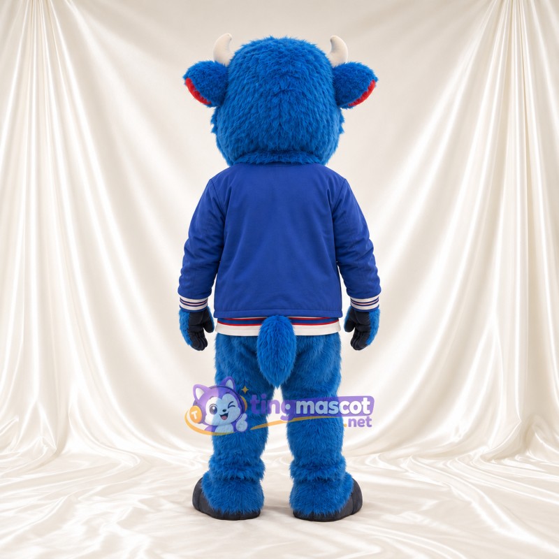 Blue Bison Mascot Costume - Blue Jacket and White Shirt and Red Ear Lining Blue Bison Mascot Costume - Blue Jacket and White Shirt and Red Ear Lining