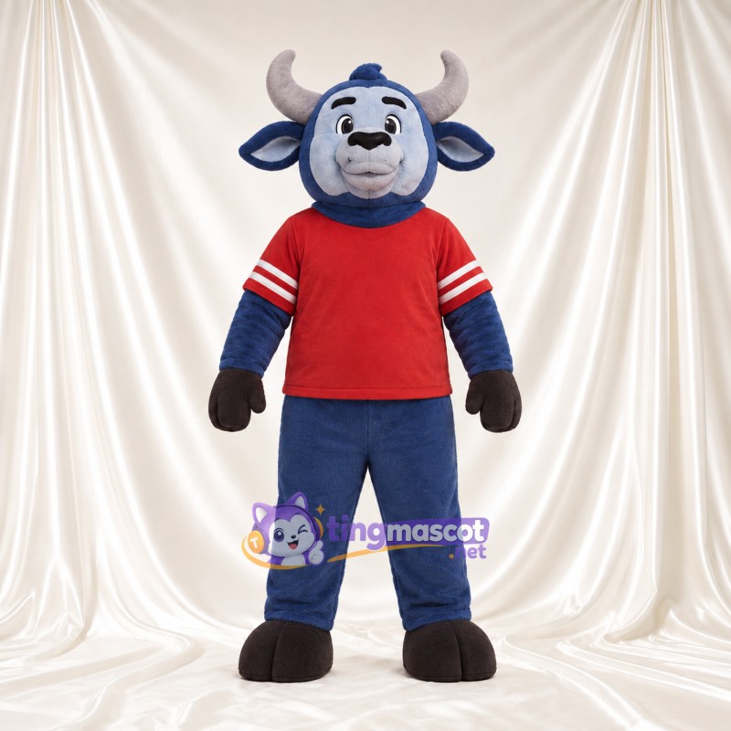 Costume de mascotte Buffle – bleu – Cornes (gris); Maillot (rouge) Costume de mascotte Buffle – bleu – Cornes (gris); Maillot (rouge)