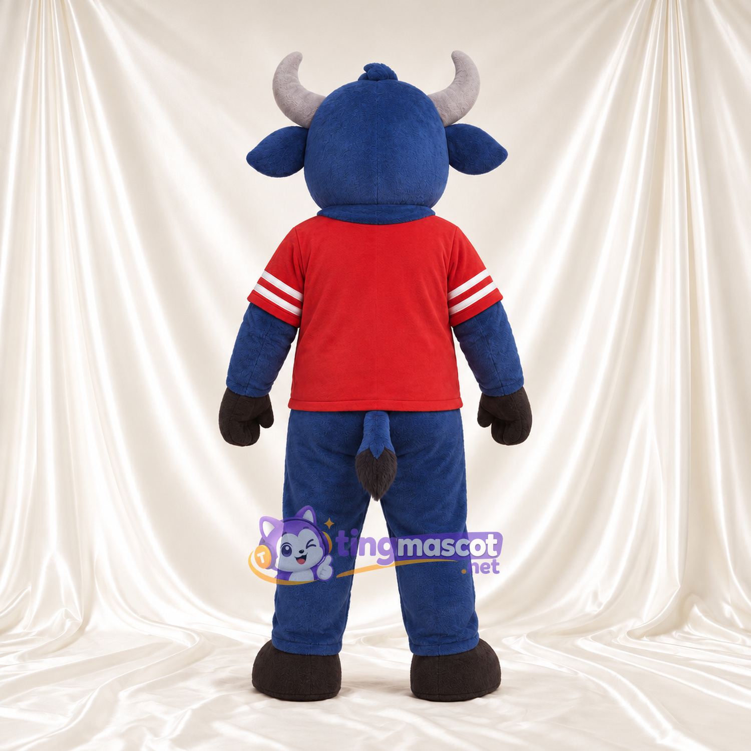 Costume de mascotte Buffle – bleu – Cornes (gris); Maillot (rouge) Costume de mascotte Buffle – bleu – Cornes (gris); Maillot (rouge)