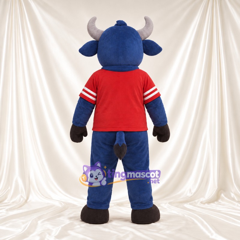Costume de mascotte Buffle – bleu – Cornes (gris); Maillot (rouge) Costume de mascotte Buffle – bleu – Cornes (gris); Maillot (rouge)