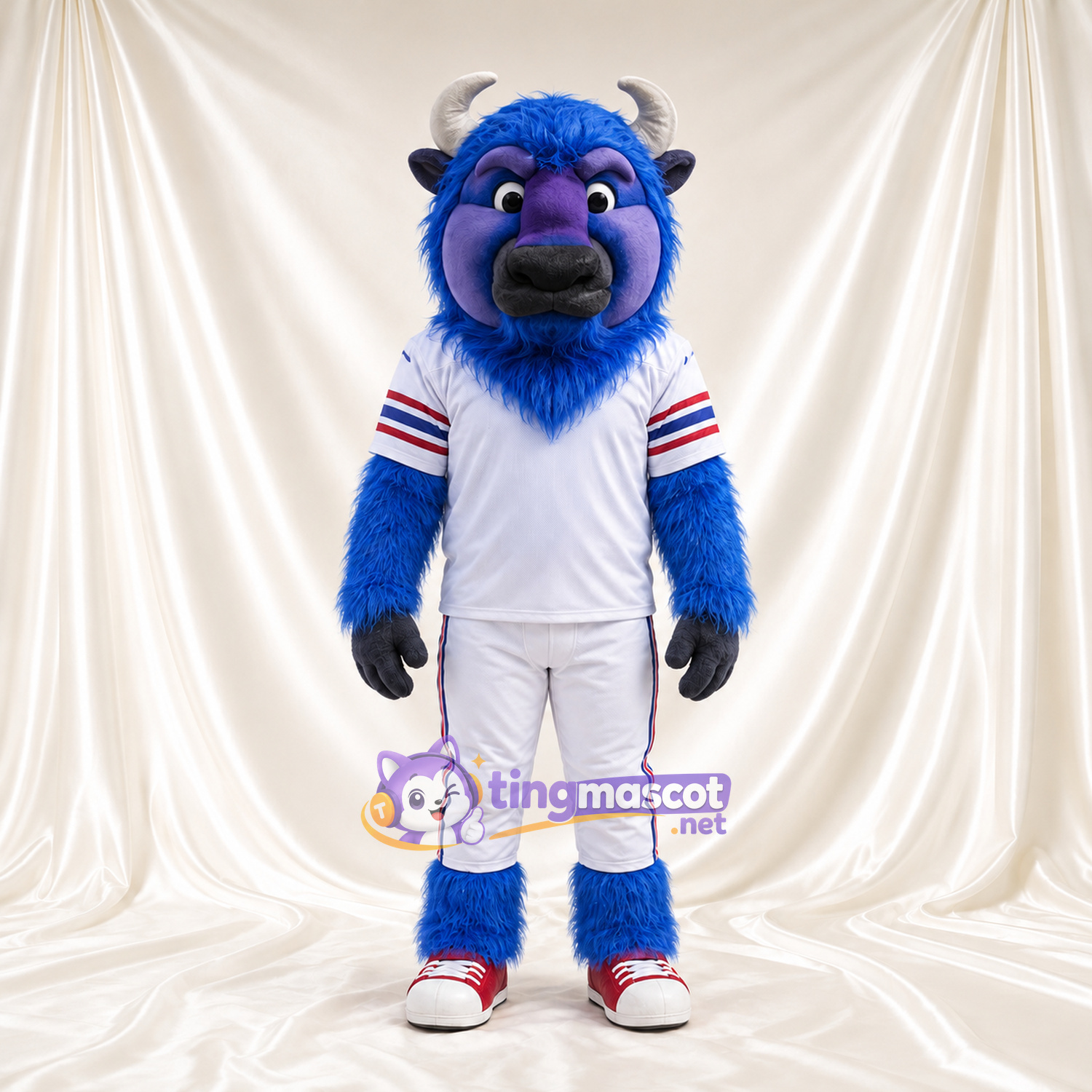 Costume de mascotte Buffle – bleu – Baskets (rouge); Maillot (blanc) Costume de mascotte Buffle – bleu – Baskets (rouge); Maillot (blanc)