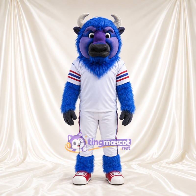 Costume de mascotte Buffle – bleu – Baskets (rouge); Maillot (blanc) Costume de mascotte Buffle – bleu – Baskets (rouge); Maillot (blanc)