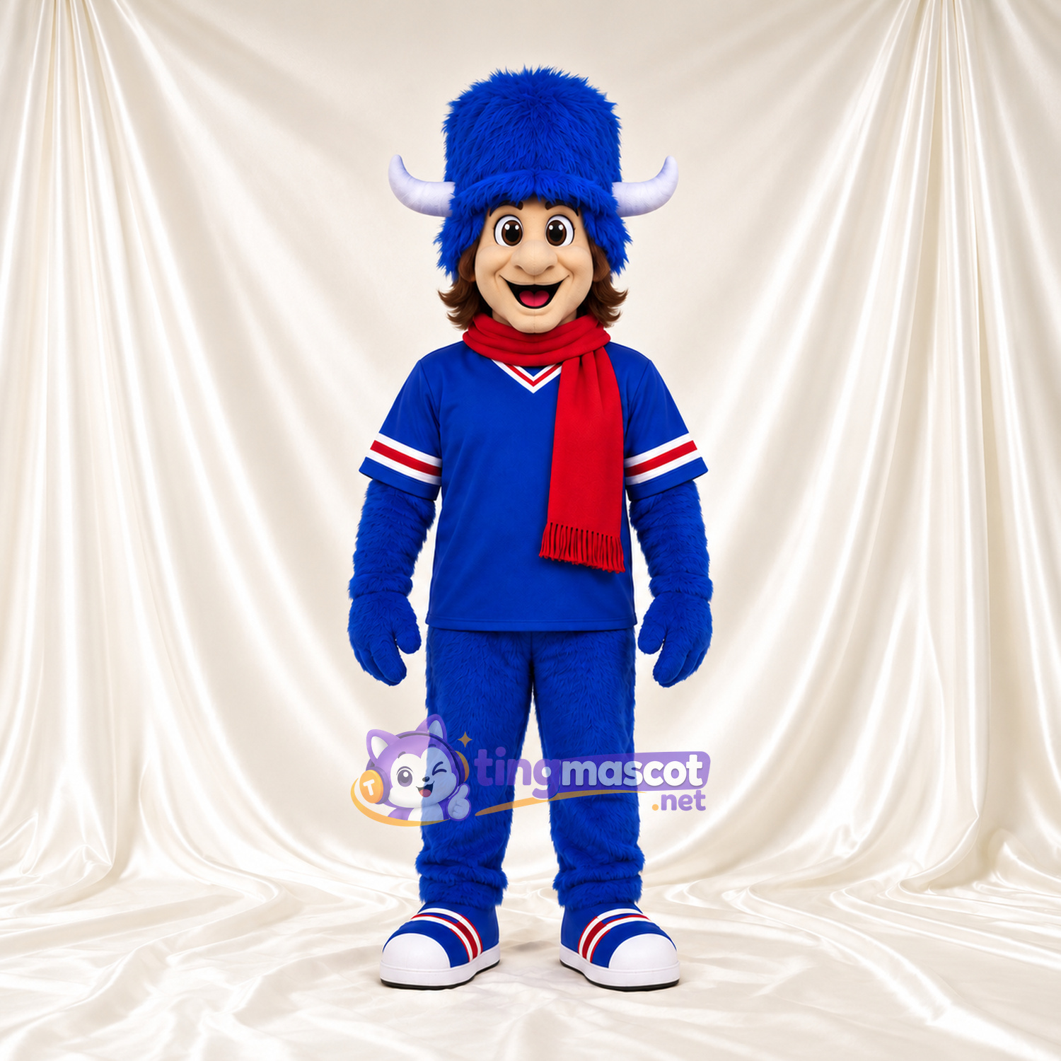 Maskottchenkostüm Clown – blau / rot – Outfit (blau); Schal (rot) Maskottchenkostüm Clown – blau / rot – Outfit (blau); Schal (rot)