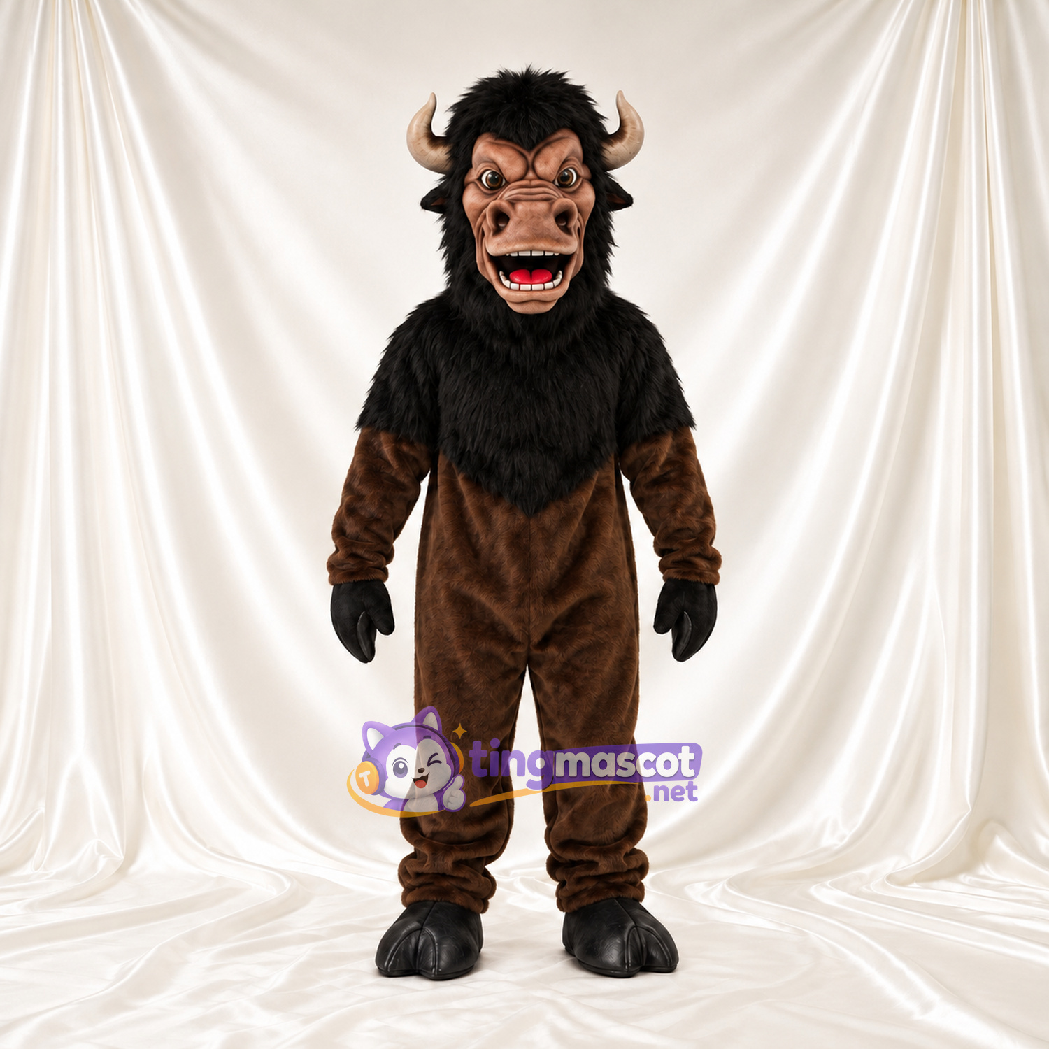 Costume de mascotte Minotaure – marron / noir – Cornes courbées; Crinière (noir) Costume de mascotte Minotaure – marron / noir – Cornes courbées; Crinière (noir)