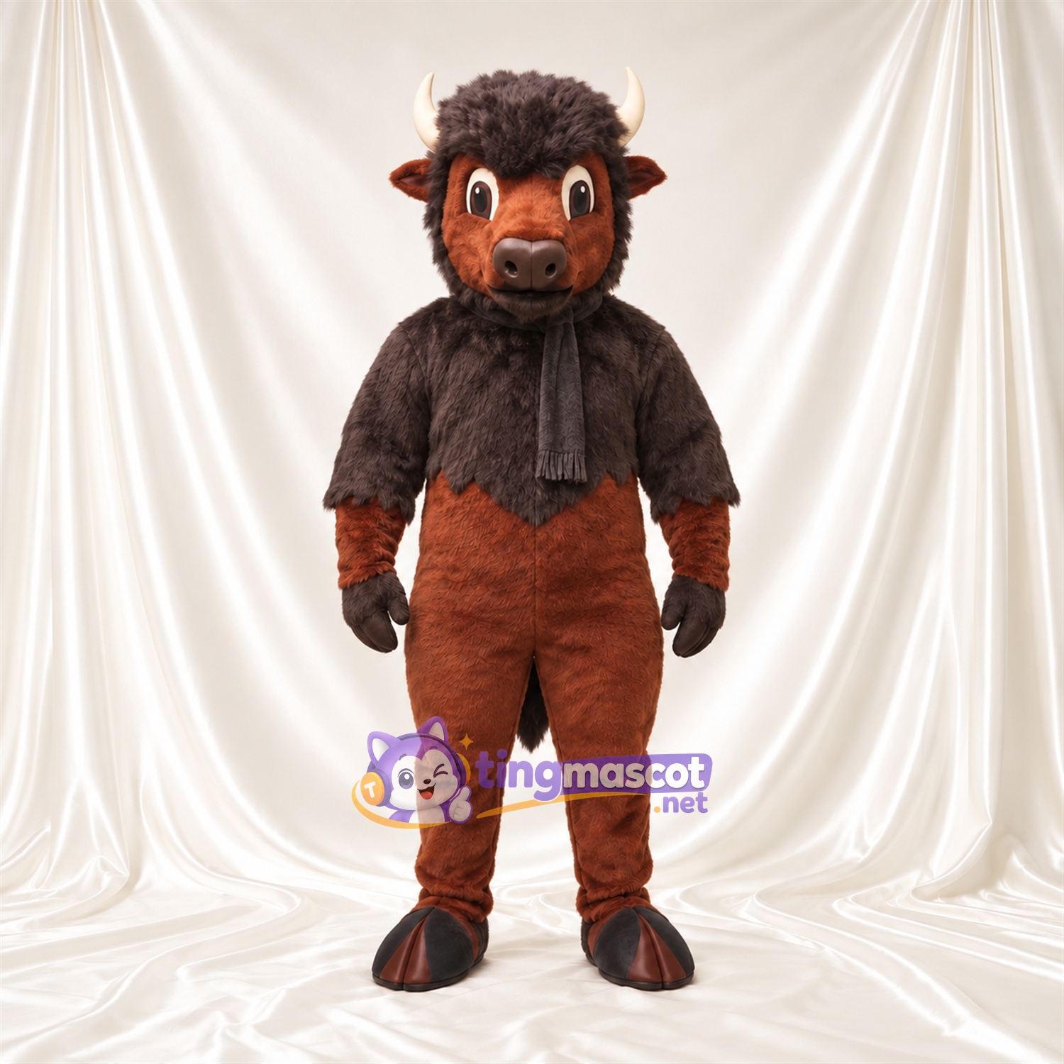 Maskottchenkostüm Büffel – braun – Schal (grau) Maskottchenkostüm Büffel – braun – Schal (grau)