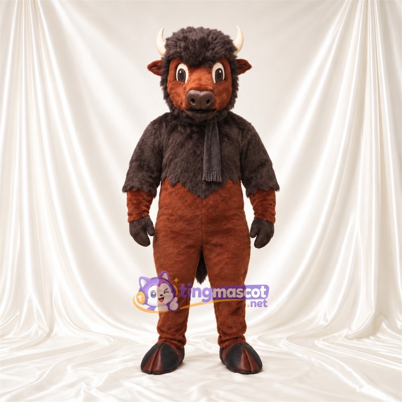 Maskottchenkostüm Büffel – braun – Schal (grau) Maskottchenkostüm Büffel – braun – Schal (grau)