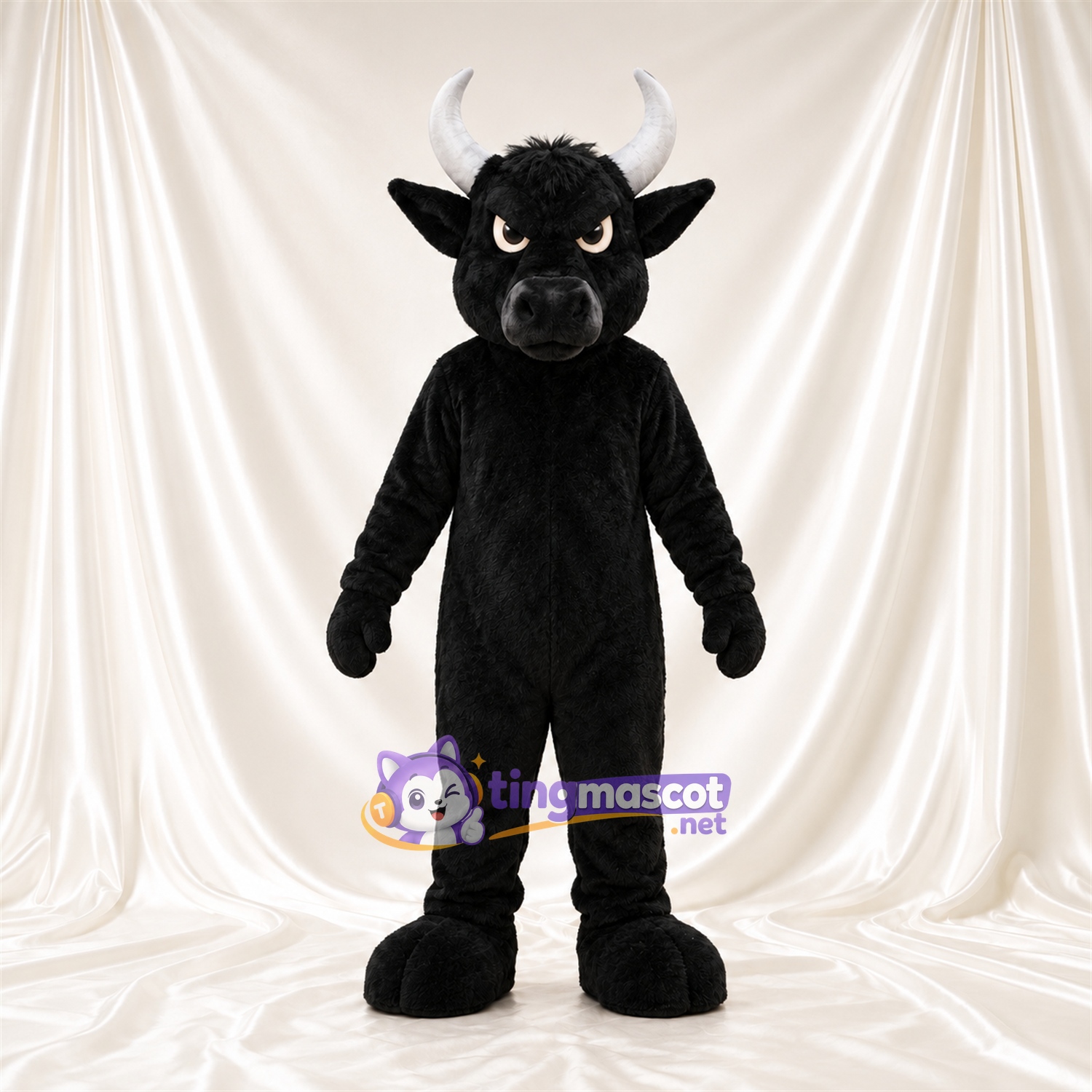 Black Buffalo Mascot Costume - White Horns and Angled Eyebrows Black Buffalo Mascot Costume - White Horns and Angled Eyebrows