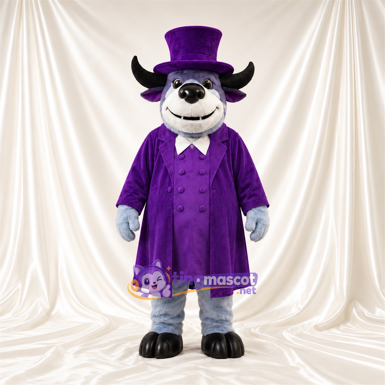 Costume de mascotte Buffle – gris – Manteau (violet); Haut-de-forme Costume de mascotte Buffle – gris – Manteau (violet); Haut-de-forme