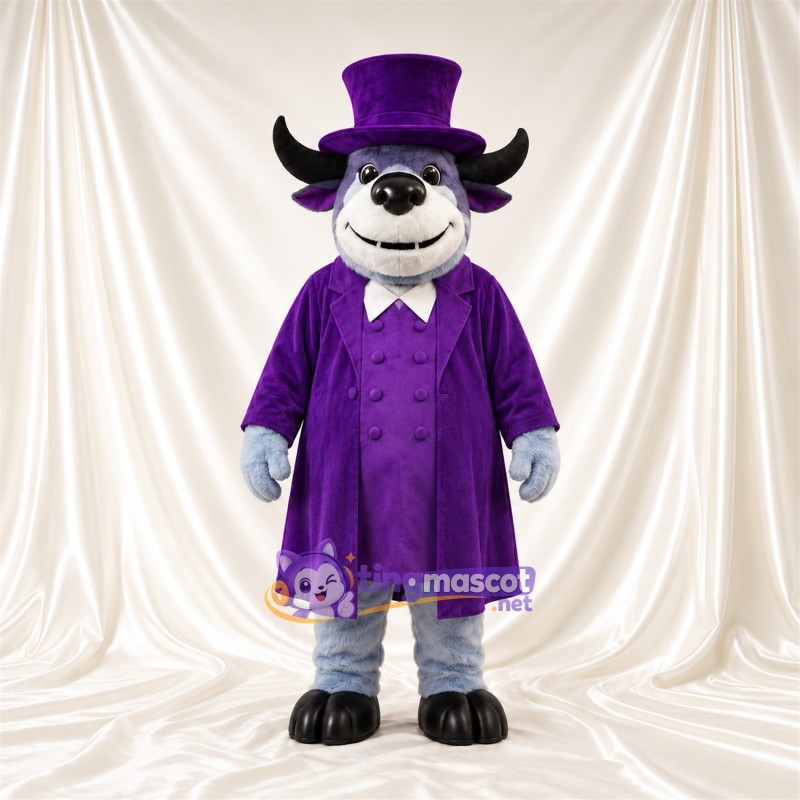 Maskottchenkostüm Büffel – grau – Mantel (violett); Zylinder Maskottchenkostüm Büffel – grau – Mantel (violett); Zylinder