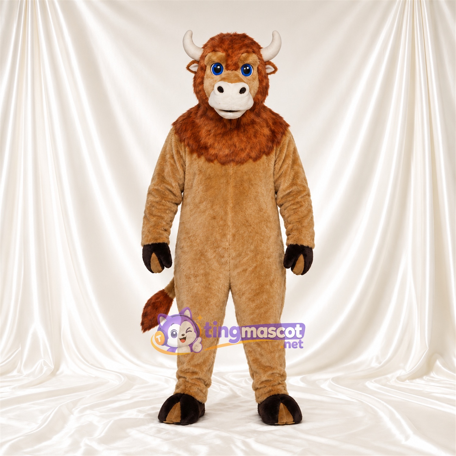 Costume de mascotte Taureau – brun clair – Cornes (blanc); Museau (gris) Costume de mascotte Taureau – brun clair – Cornes (blanc); Museau (gris)