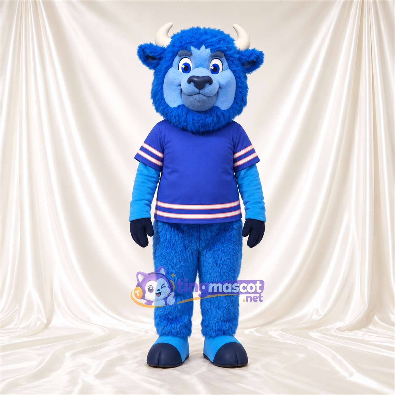 Blue Bison Mascot Costume - Black Hooves and Blue Jersey with Striped Trim Blue Bison Mascot Costume - Black Hooves and Blue Jersey with Striped Trim