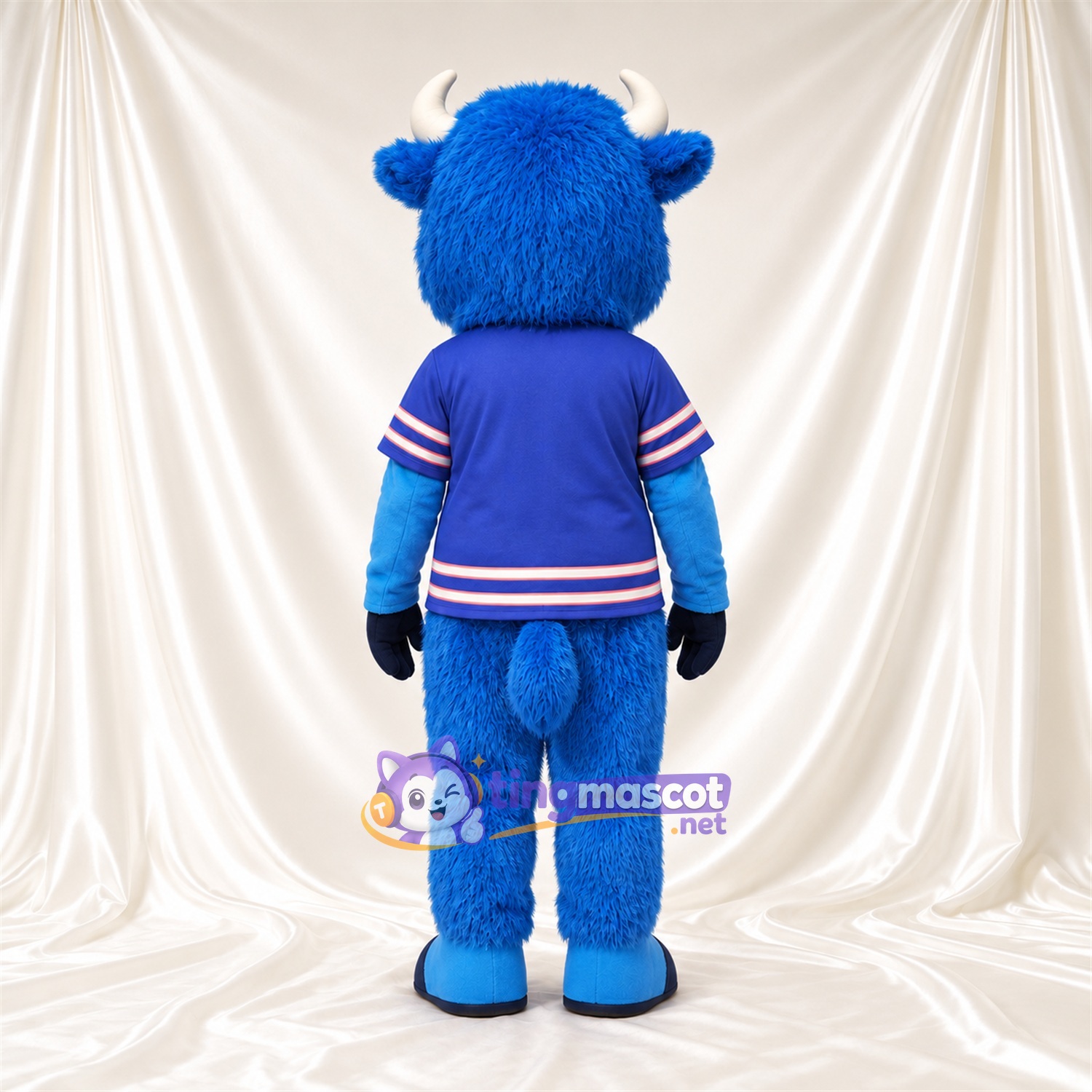 Blue Bison Mascot Costume - Black Hooves and Blue Jersey with Striped Trim Blue Bison Mascot Costume - Black Hooves and Blue Jersey with Striped Trim