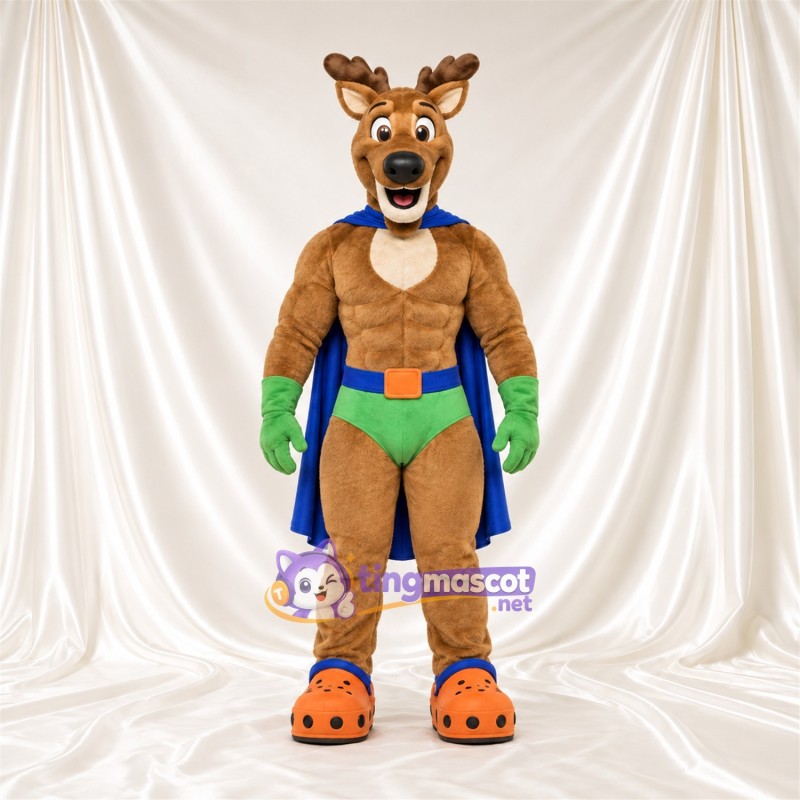 Costume de mascotte Cerf super-héros – marron – Cape (bleu); Gants (vert) Costume de mascotte Cerf super-héros – marron – Cape (bleu); Gants (vert)
