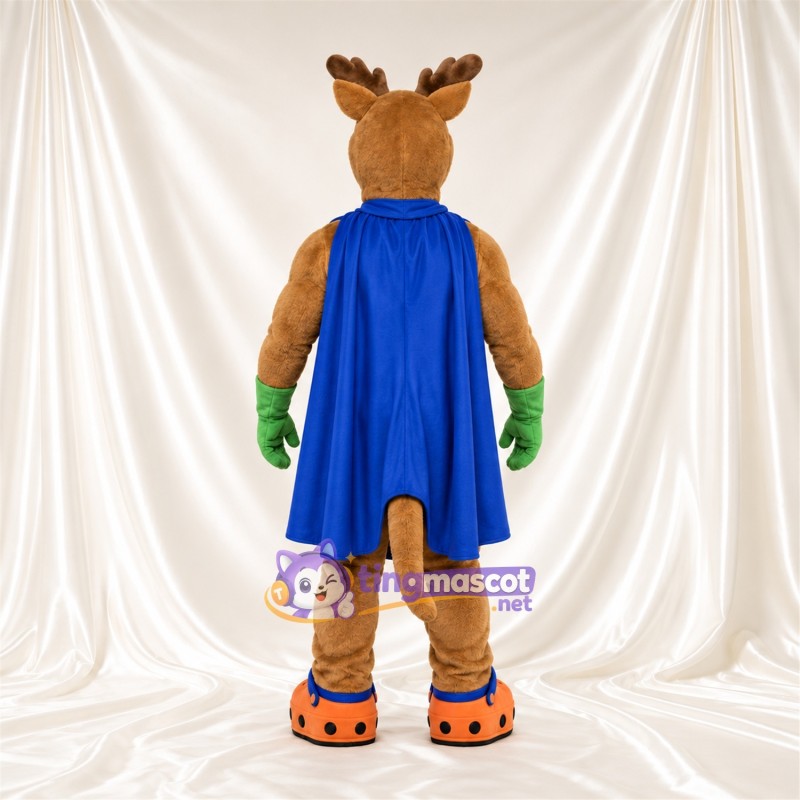 Costume de mascotte Cerf super-héros – marron – Cape (bleu); Gants (vert) Costume de mascotte Cerf super-héros – marron – Cape (bleu); Gants (vert)