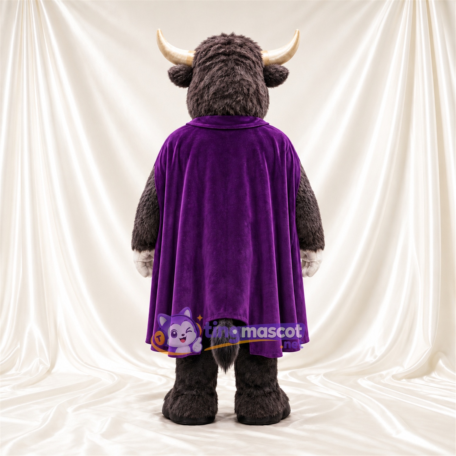 Maskottchenkostüm Büffel – grau – Umhang (violett) Maskottchenkostüm Büffel – grau – Umhang (violett)