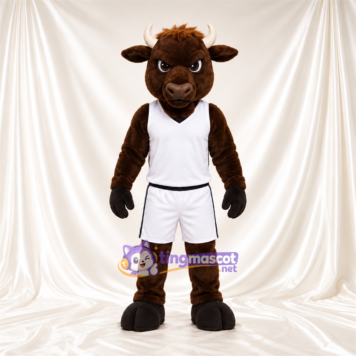 Maskottchenkostüm Büffel – braun – Basketballtrikot (weiß) Maskottchenkostüm Büffel – braun – Basketballtrikot (weiß)
