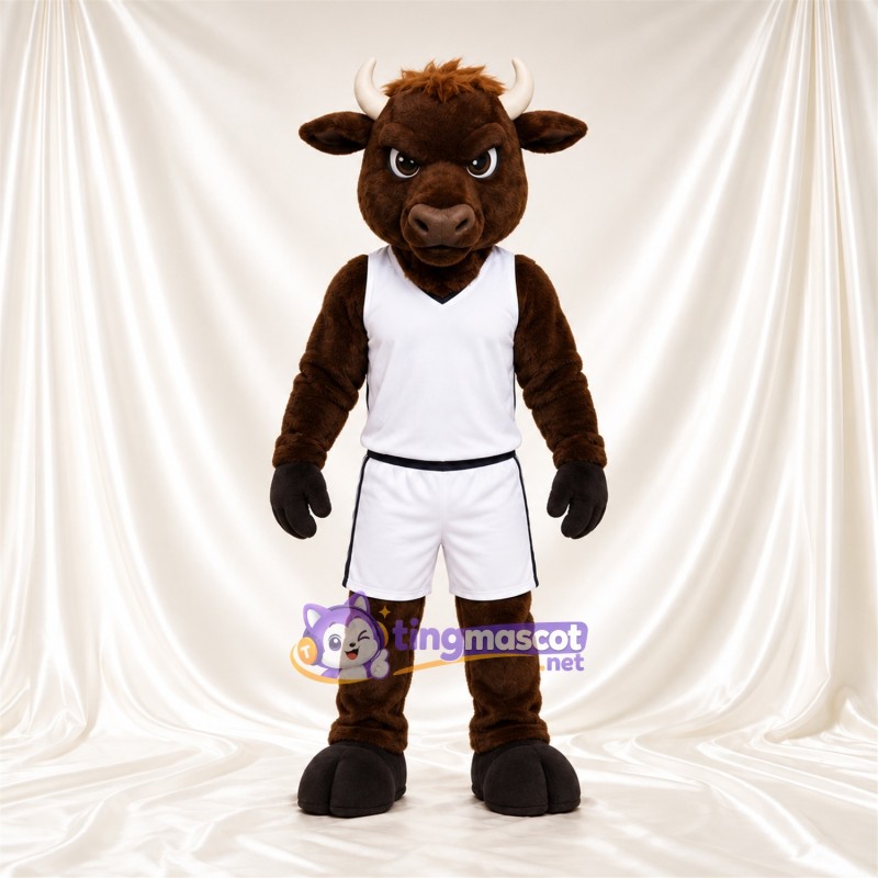 Maskottchenkostüm Büffel – braun – Basketballtrikot (weiß) Maskottchenkostüm Büffel – braun – Basketballtrikot (weiß)