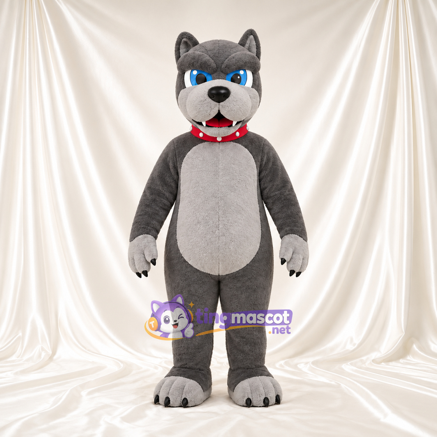 Maskottchenkostüm Bulldogge – grau – Kragen (rot); Bauch (grau) Maskottchenkostüm Bulldogge – grau – Kragen (rot); Bauch (grau)