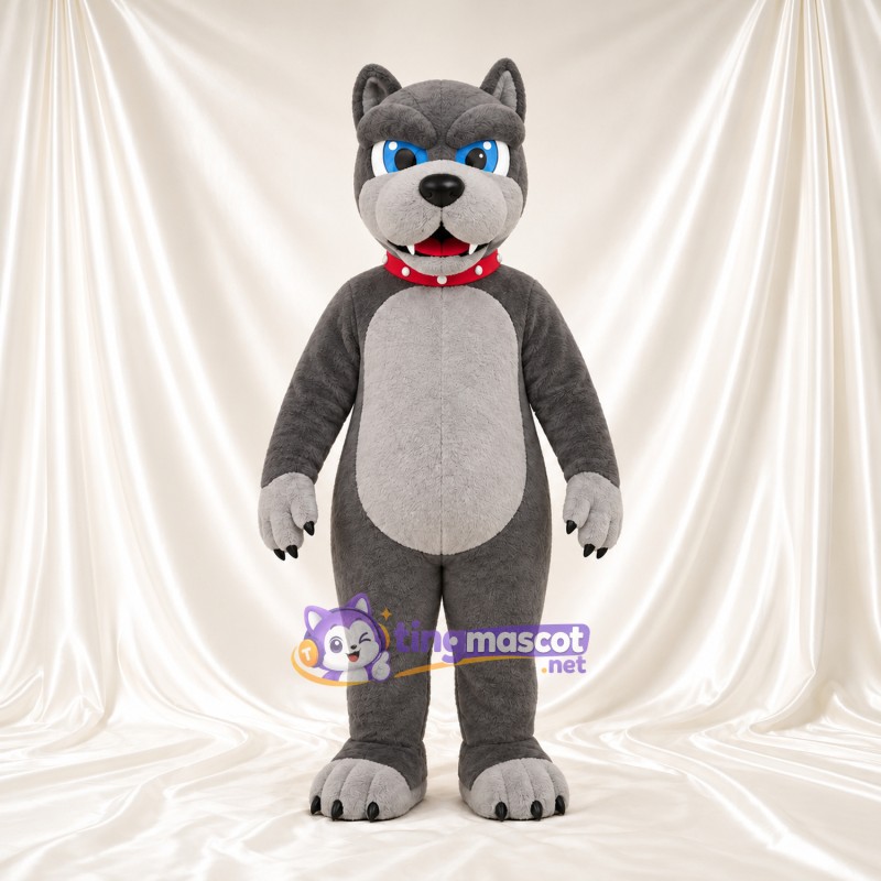 Maskottchenkostüm Bulldogge – grau – Kragen (rot); Bauch (grau) Maskottchenkostüm Bulldogge – grau – Kragen (rot); Bauch (grau)