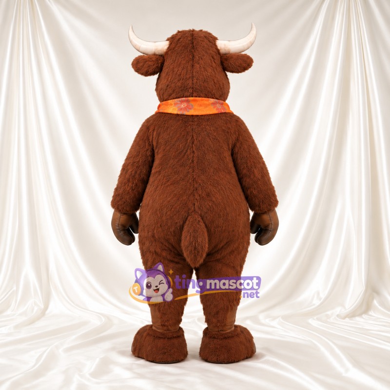 Maskottchenkostüm Büffel – braun – Schal (orange) Maskottchenkostüm Büffel – braun – Schal (orange)