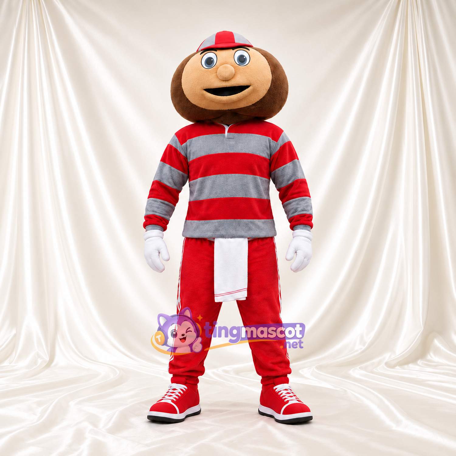 Brown Cartoon Boy Mascot Costume - Red Gray Striped Shirt Red Pants Brown Cartoon Boy Mascot Costume - Red Gray Striped Shirt Red Pants