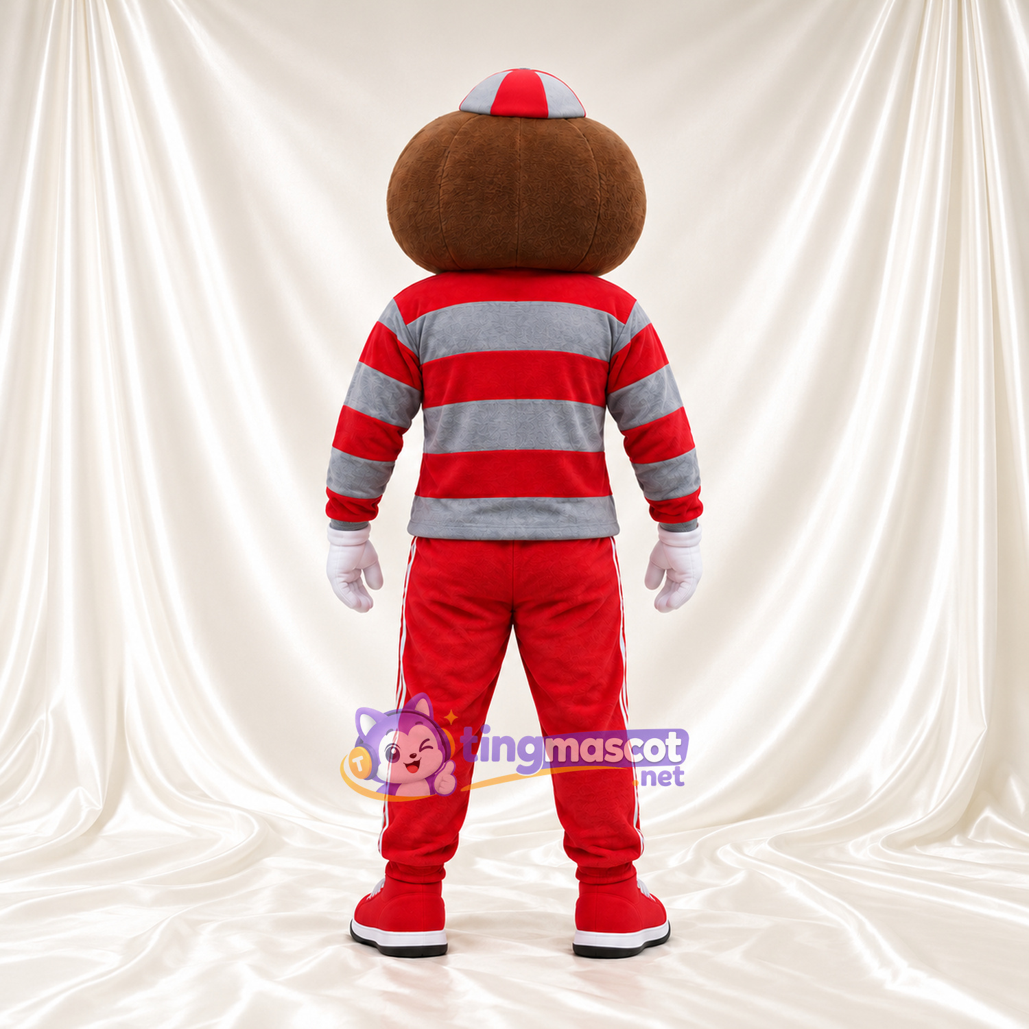 Brown Cartoon Boy Mascot Costume - Red Gray Striped Shirt Red Pants Brown Cartoon Boy Mascot Costume - Red Gray Striped Shirt Red Pants