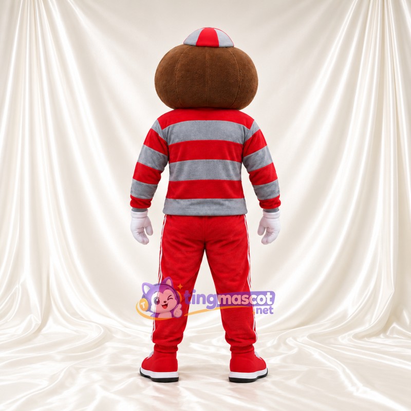 Brown Cartoon Boy Mascot Costume - Red Gray Striped Shirt Red Pants Brown Cartoon Boy Mascot Costume - Red Gray Striped Shirt Red Pants