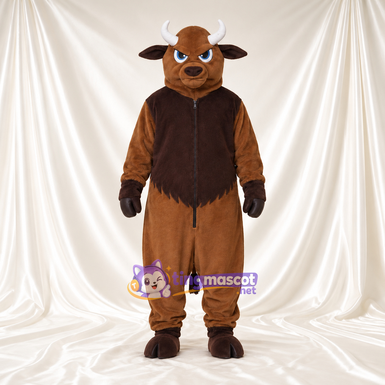 Maskottchenkostüm Bison – braun – Brust (braun); Hörner (weiß) Maskottchenkostüm Bison – braun – Brust (braun); Hörner (weiß)