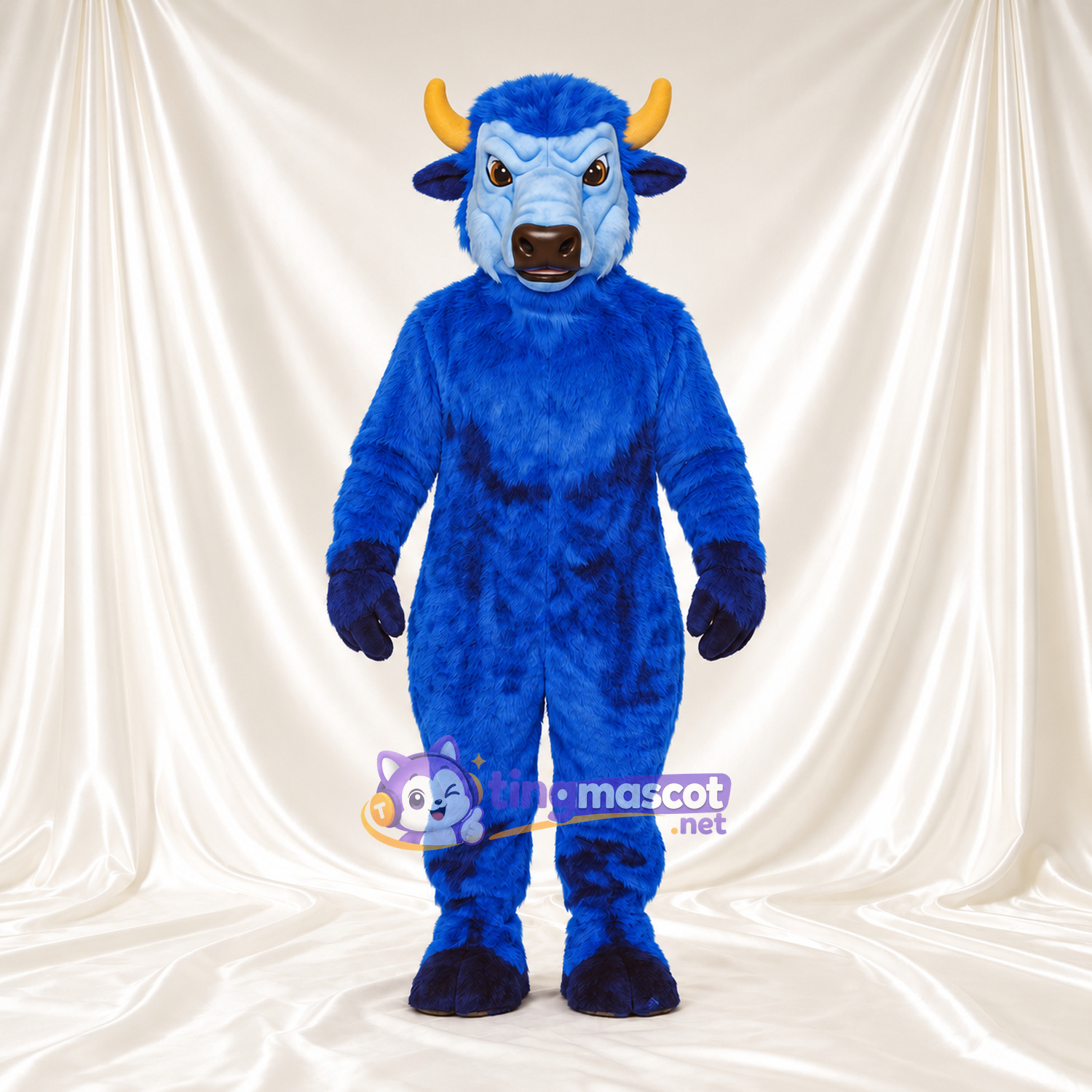 Costume de mascotte Buffle – bleu – Cornes (jaune); Gants (noir) Costume de mascotte Buffle – bleu – Cornes (jaune); Gants (noir)