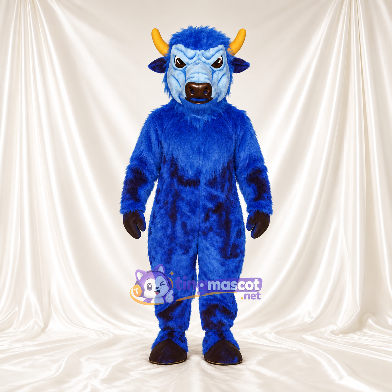 Costume de mascotte Buffle – bleu – Cornes (jaune); Museau (noir) Costume de mascotte Buffle – bleu – Cornes (jaune); Museau (noir)