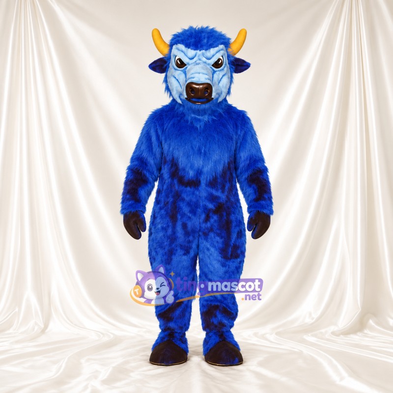 Costume de mascotte Buffle – bleu – Cornes (jaune); Museau (noir) Costume de mascotte Buffle – bleu – Cornes (jaune); Museau (noir)