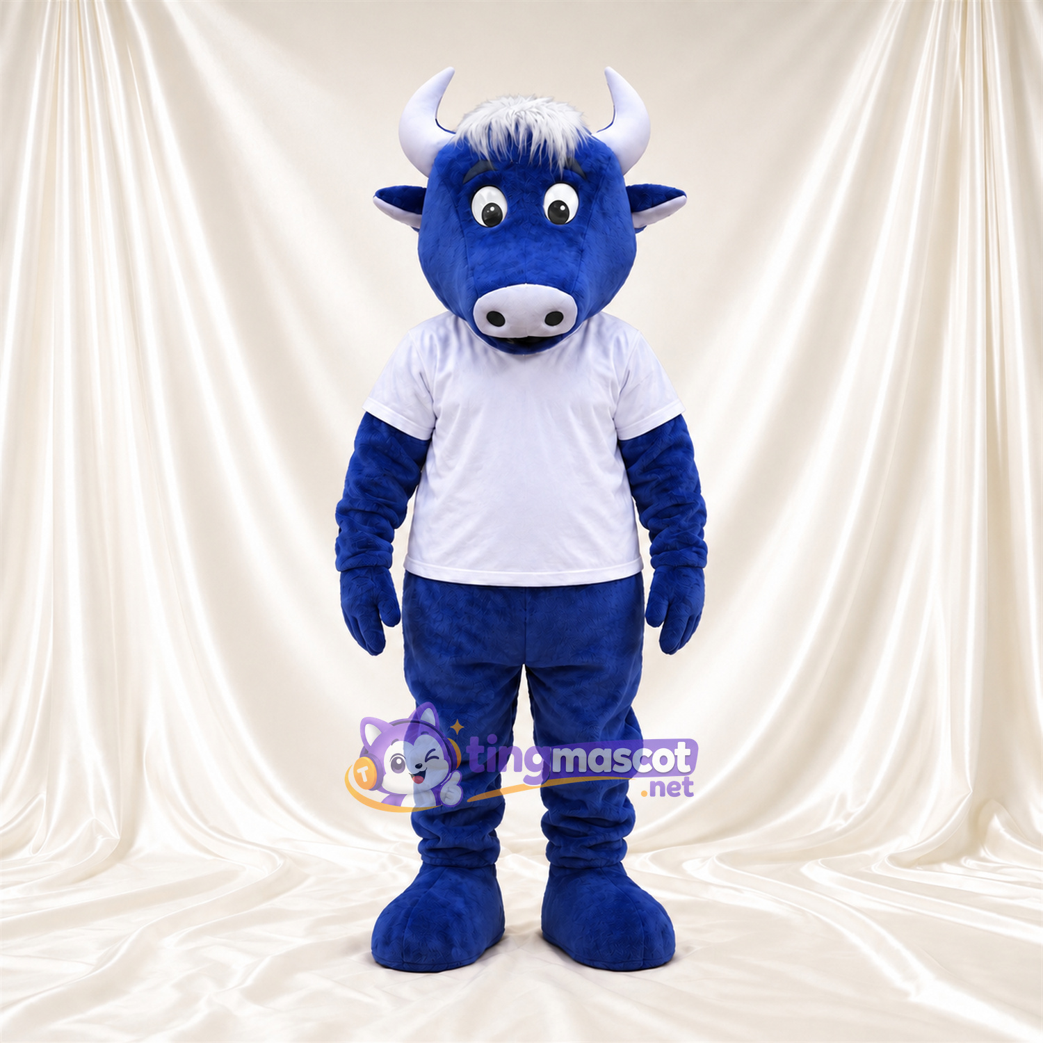 Maskottchenkostüm Büffel – blau – T-Shirt (weiß); Hörner (weiß) Maskottchenkostüm Büffel – blau – T-Shirt (weiß); Hörner (weiß)