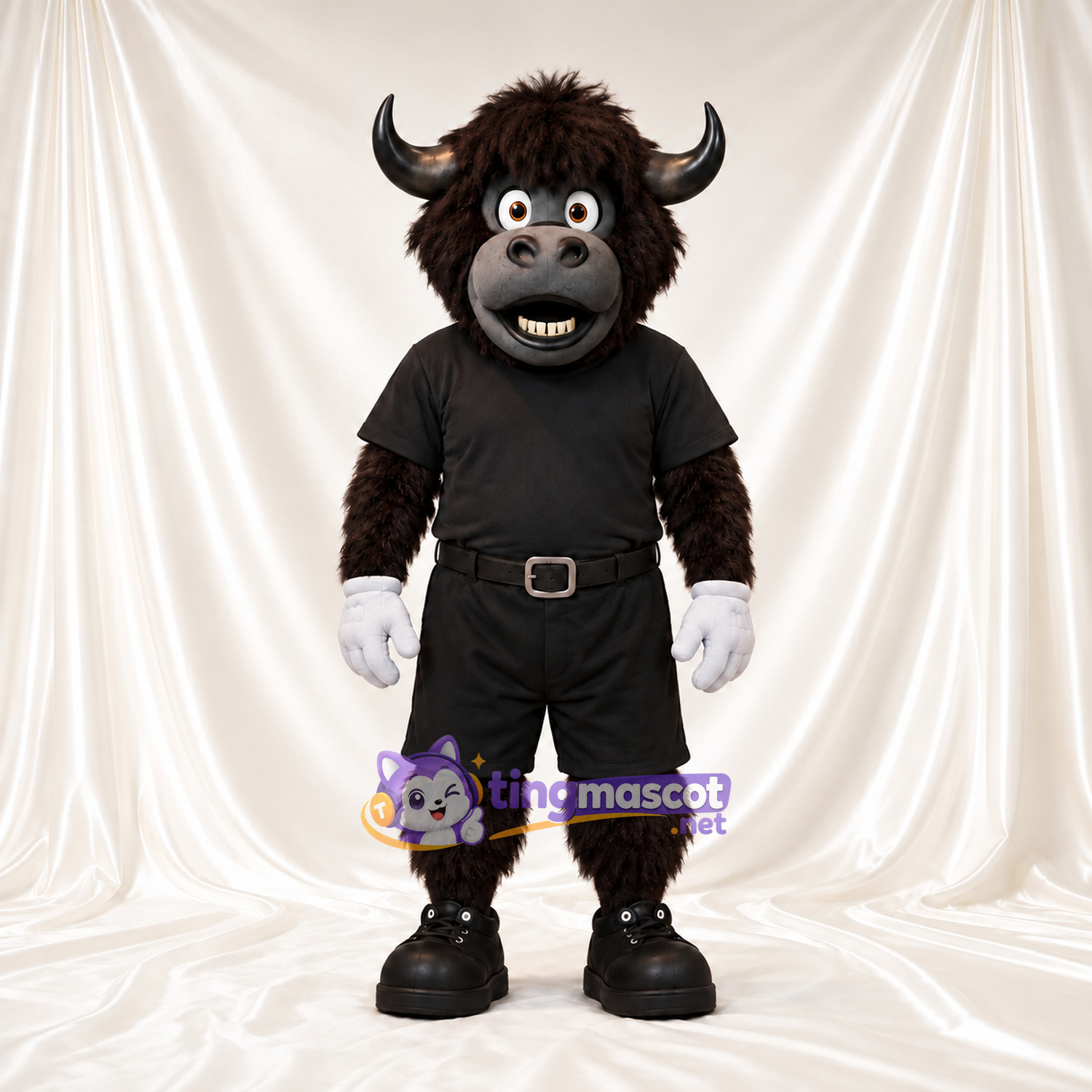 Maskottchenkostüm Büffel – braun – Outfit (schwarz) Maskottchenkostüm Büffel – braun – Outfit (schwarz)