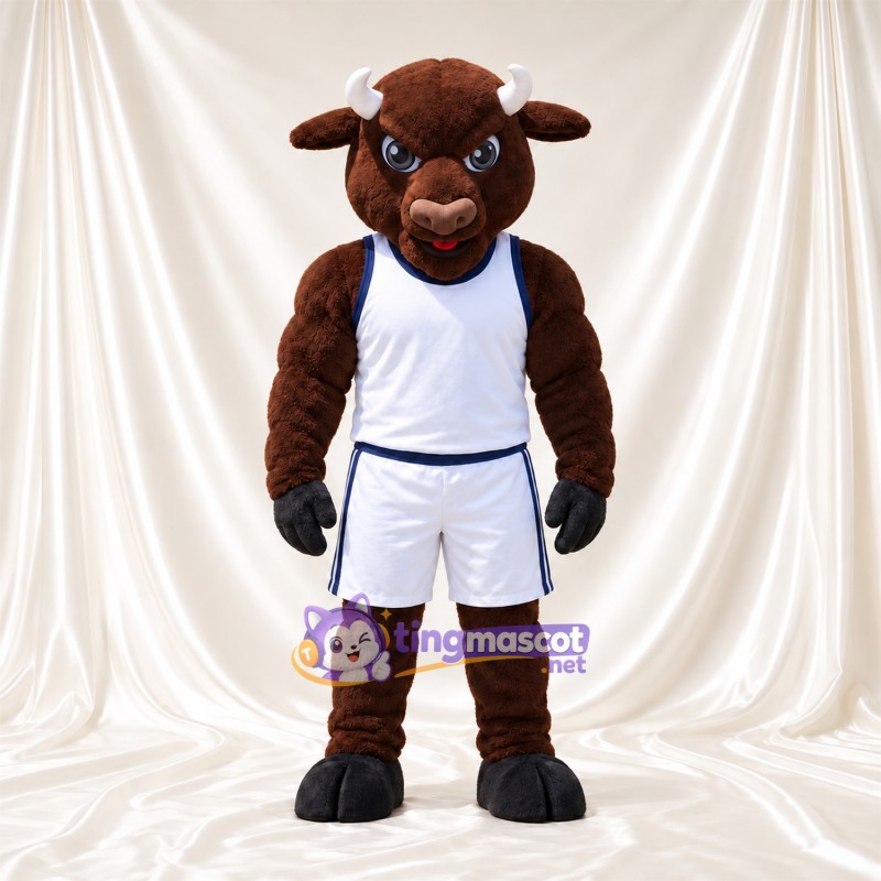 Maskottchenkostüm Bison – braun – Basketballtrikot (weiß); Hörner (schwarz) Maskottchenkostüm Bison – braun – Basketballtrikot (weiß); Hörner (schwarz)