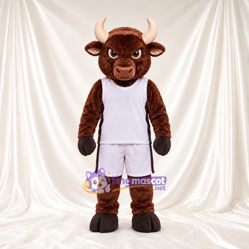 Maskottchenkostüm Bison – braun – Basketballtrikot (weiß); Hörner (weiß) Maskottchenkostüm Bison – braun – Basketballtrikot (weiß); Hörner (weiß)