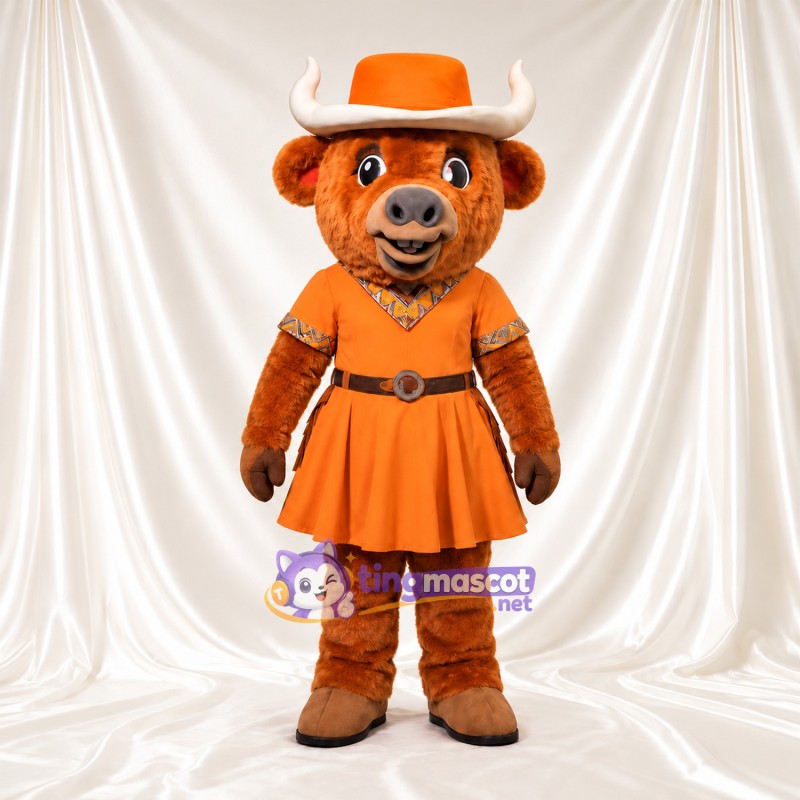 Maskottchenkostüm Bison – orange – Kleid (orange); Cowboyhut Maskottchenkostüm Bison – orange – Kleid (orange); Cowboyhut