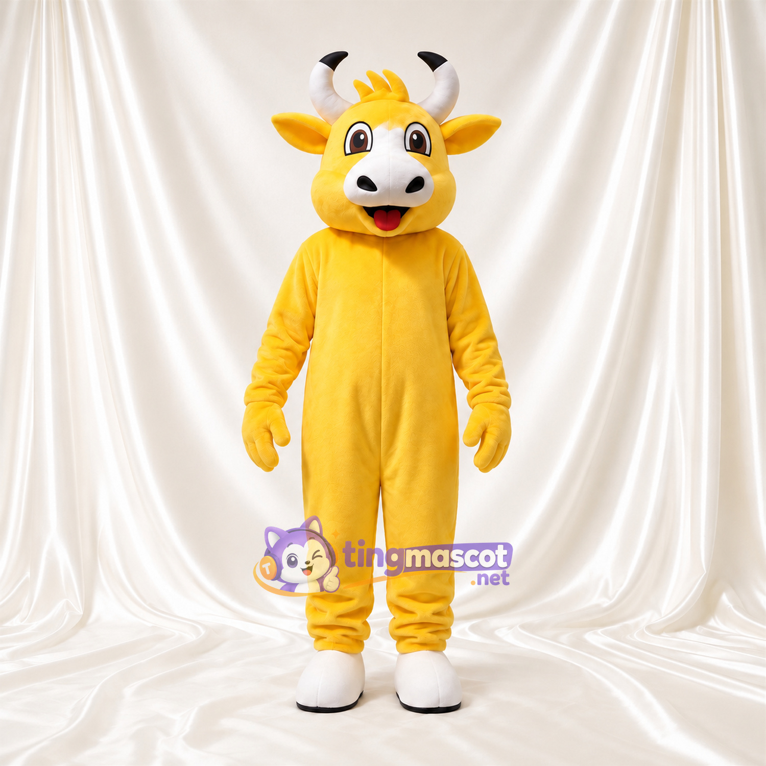 Costume de mascotte Vache – jaune – Cornes (blanc); Sabots (blanc) Costume de mascotte Vache – jaune – Cornes (blanc); Sabots (blanc)