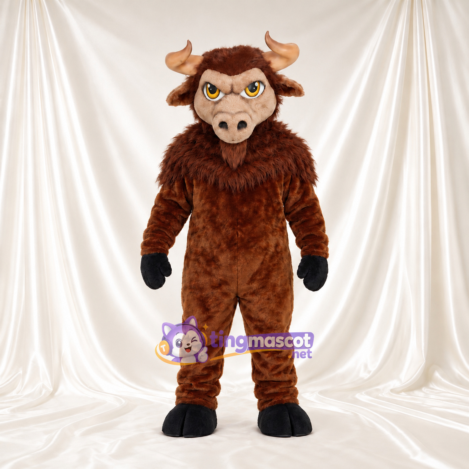 Costume de mascotte Bison – marron – Crinière (marron); Yeux (jaune) Costume de mascotte Bison – marron – Crinière (marron); Yeux (jaune)