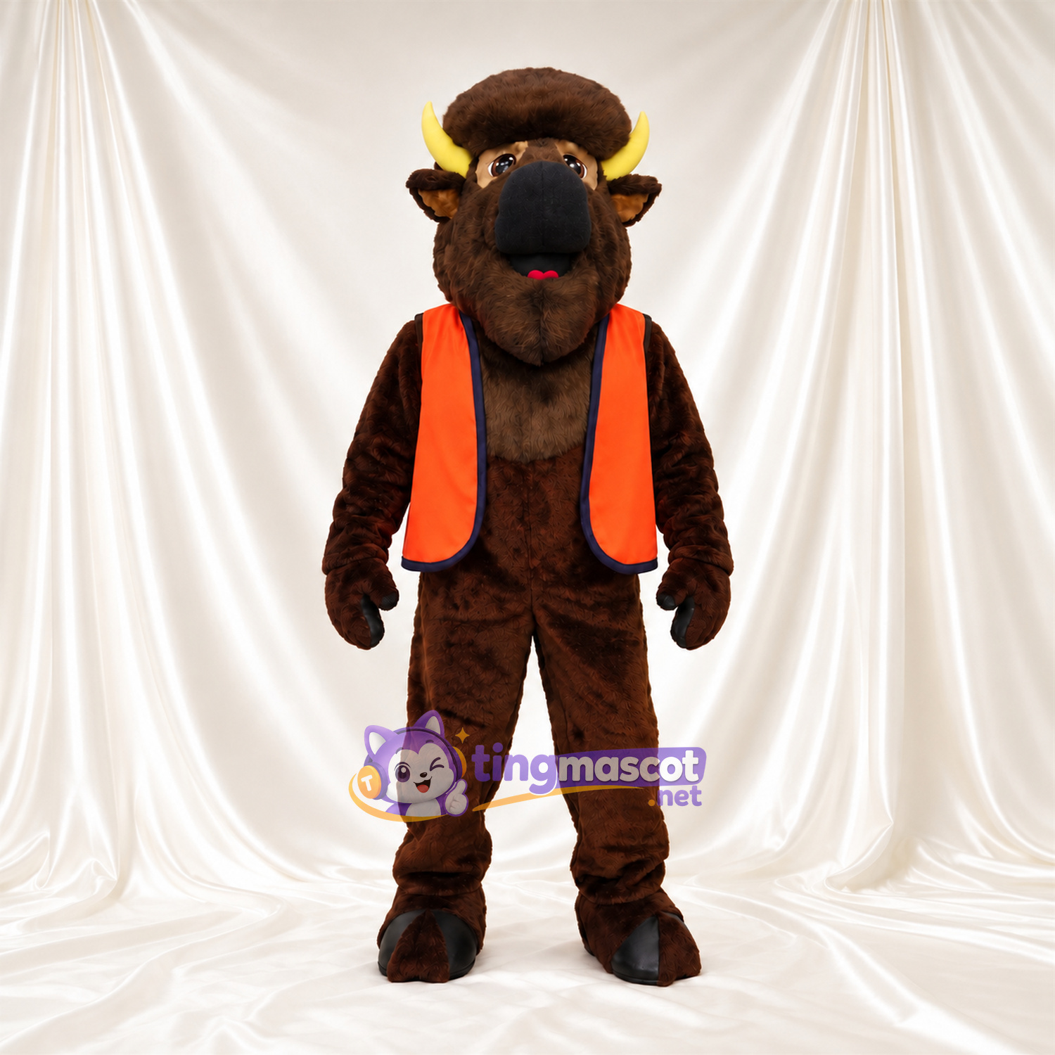Costume de mascotte Bison – marron – Gilet (orange) Costume de mascotte Bison – marron – Gilet (orange)