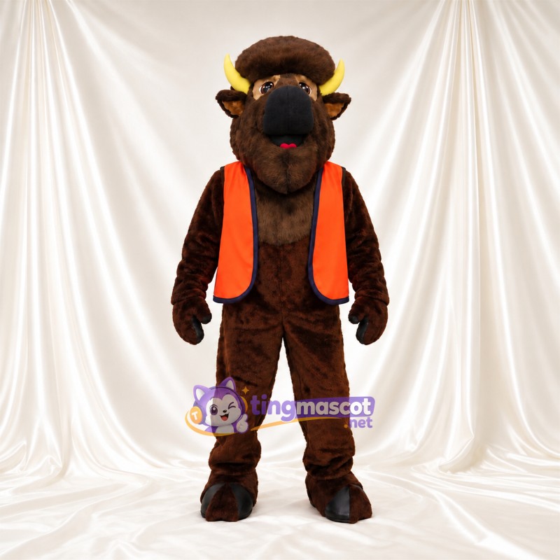 Costume de mascotte Bison – marron – Gilet (orange) Costume de mascotte Bison – marron – Gilet (orange)