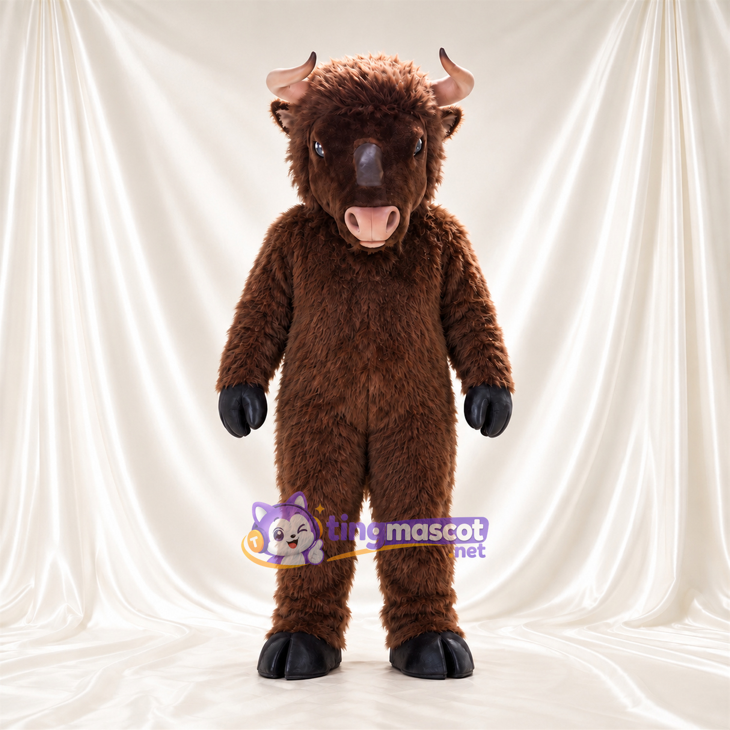 Costume de mascotte Bison – marron – Bouche ouverte; Fourrure hirsute Costume de mascotte Bison – marron – Bouche ouverte; Fourrure hirsute
