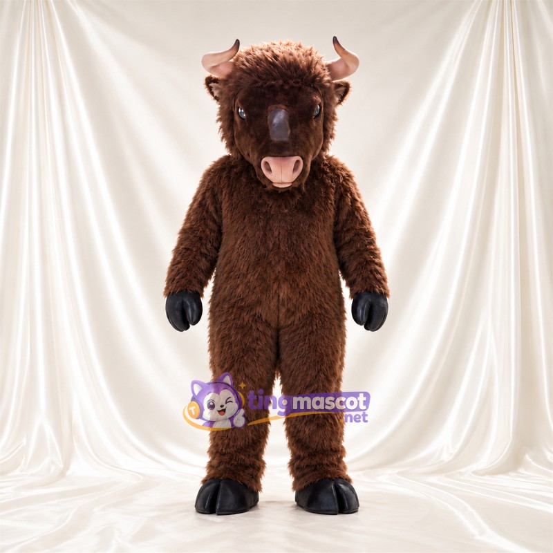 Costume de mascotte Bison – marron – Bouche ouverte; Fourrure hirsute Costume de mascotte Bison – marron – Bouche ouverte; Fourrure hirsute