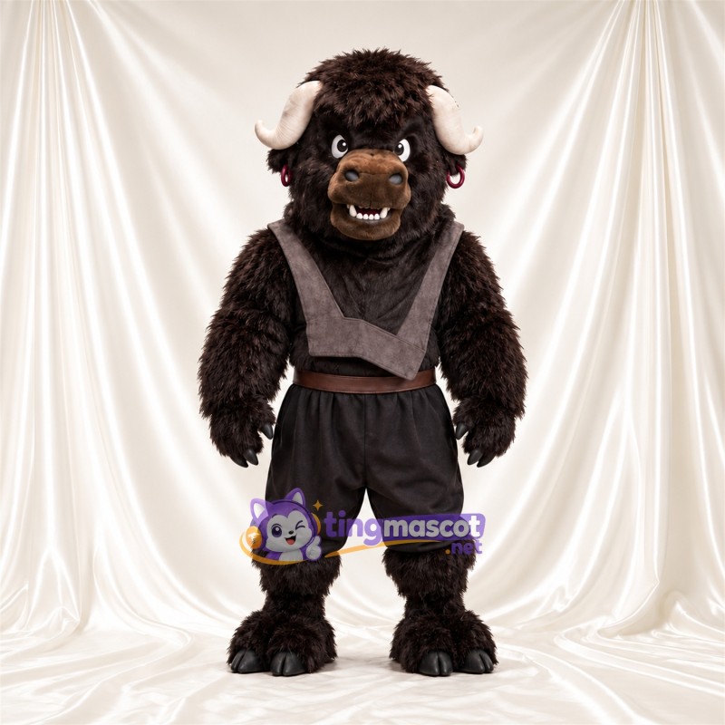 Costume de mascotte Bison – marron – Gilet (gris); Pantalon (noir) Costume de mascotte Bison – marron – Gilet (gris); Pantalon (noir)
